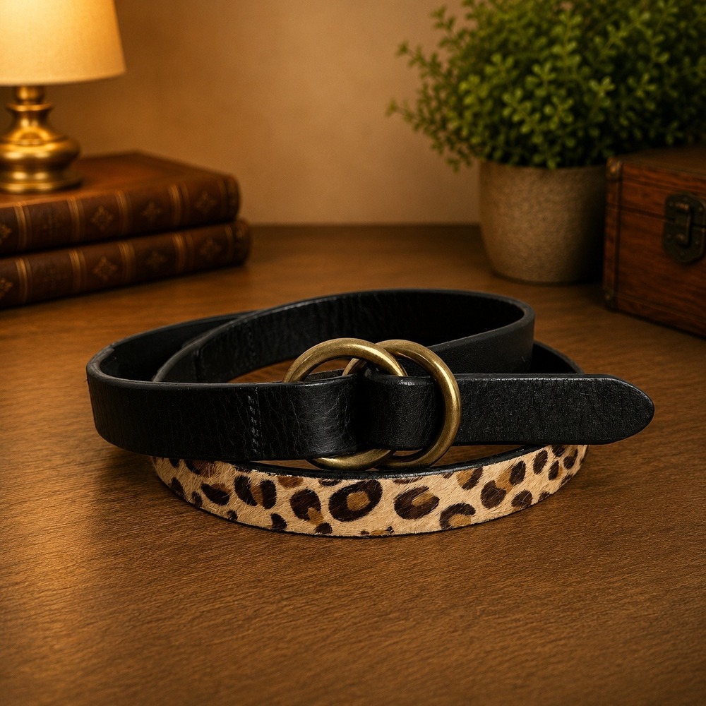 Lucky Brand Leather Leopard Calf Hair Double Ring Belt Black Womens Small‎